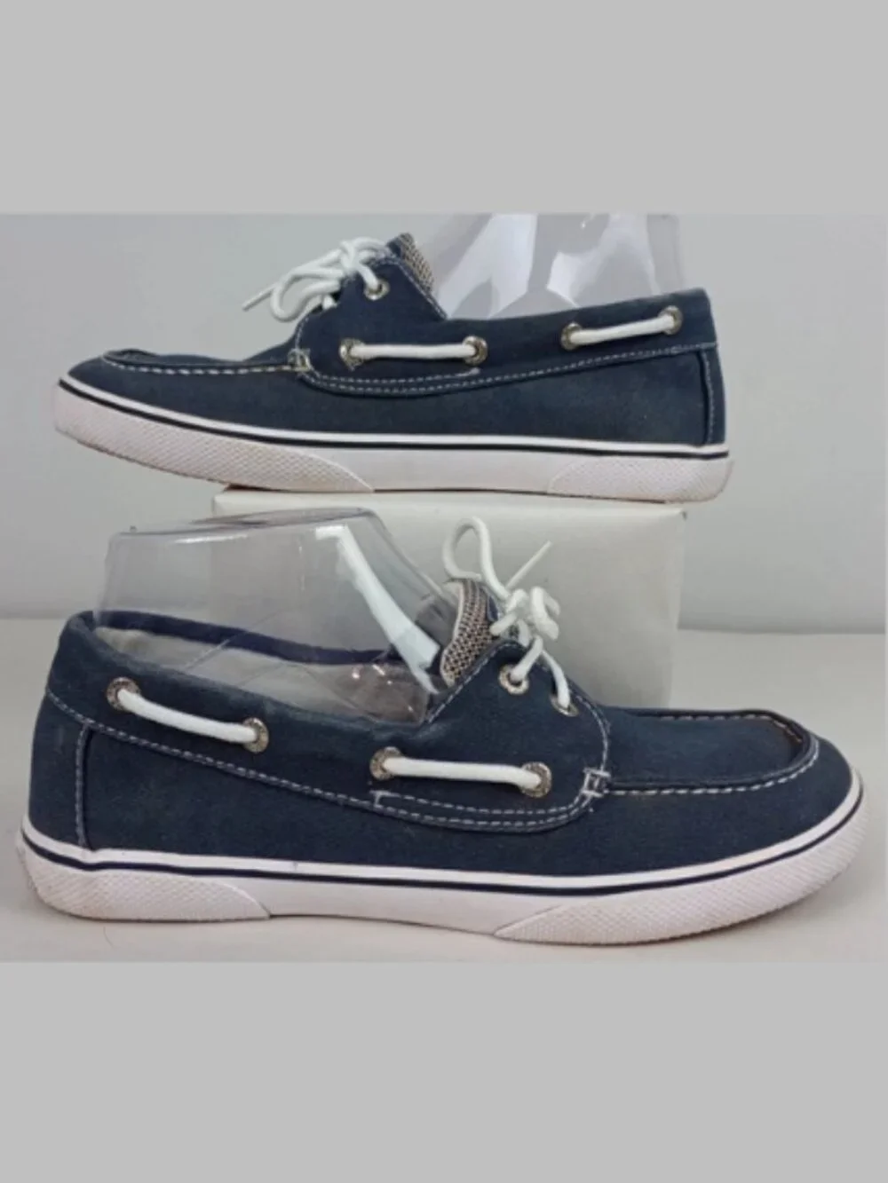 Sperry Top Sider Halyard Mens‎ 4M Blue Canvas 2 Eye White Tie Slip On Boat Shoes